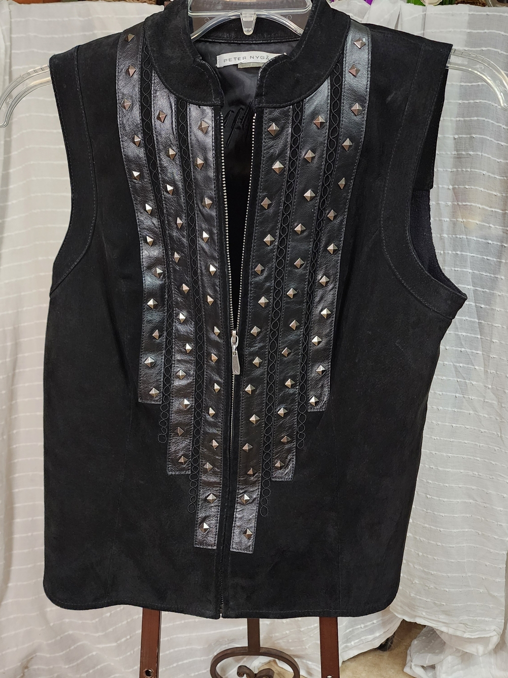 Black Studded Suede Vest with Leather Trim Zipper Closure Knit Back